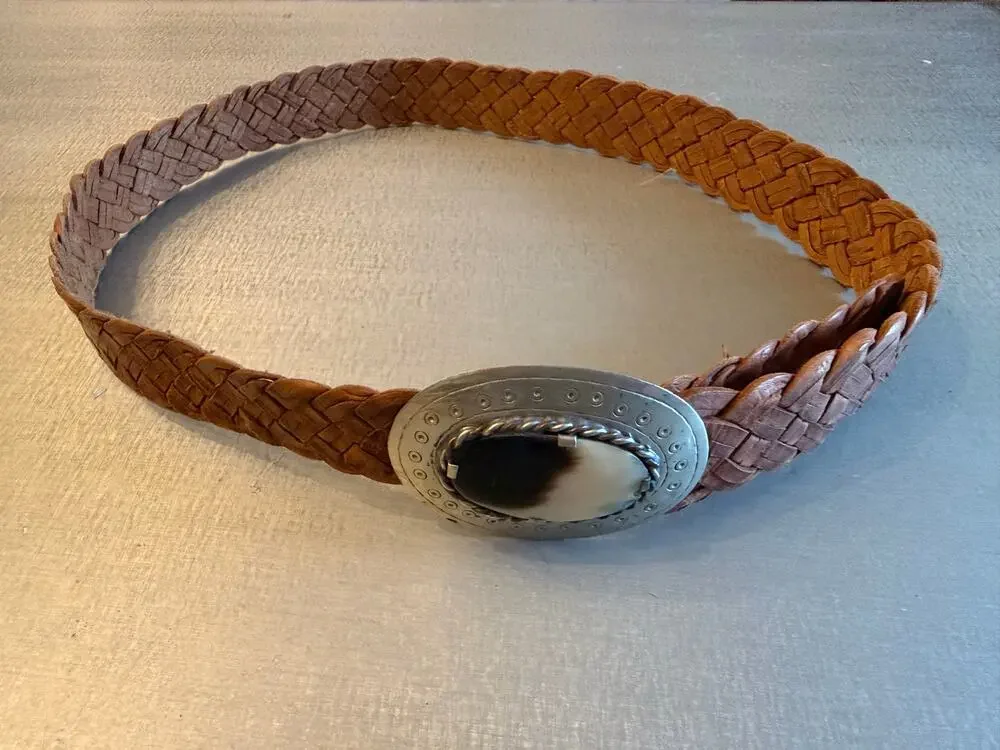 Chico's Vintage Braided Leather Belt Western Silver Agate Stone Buckle Boho M/L